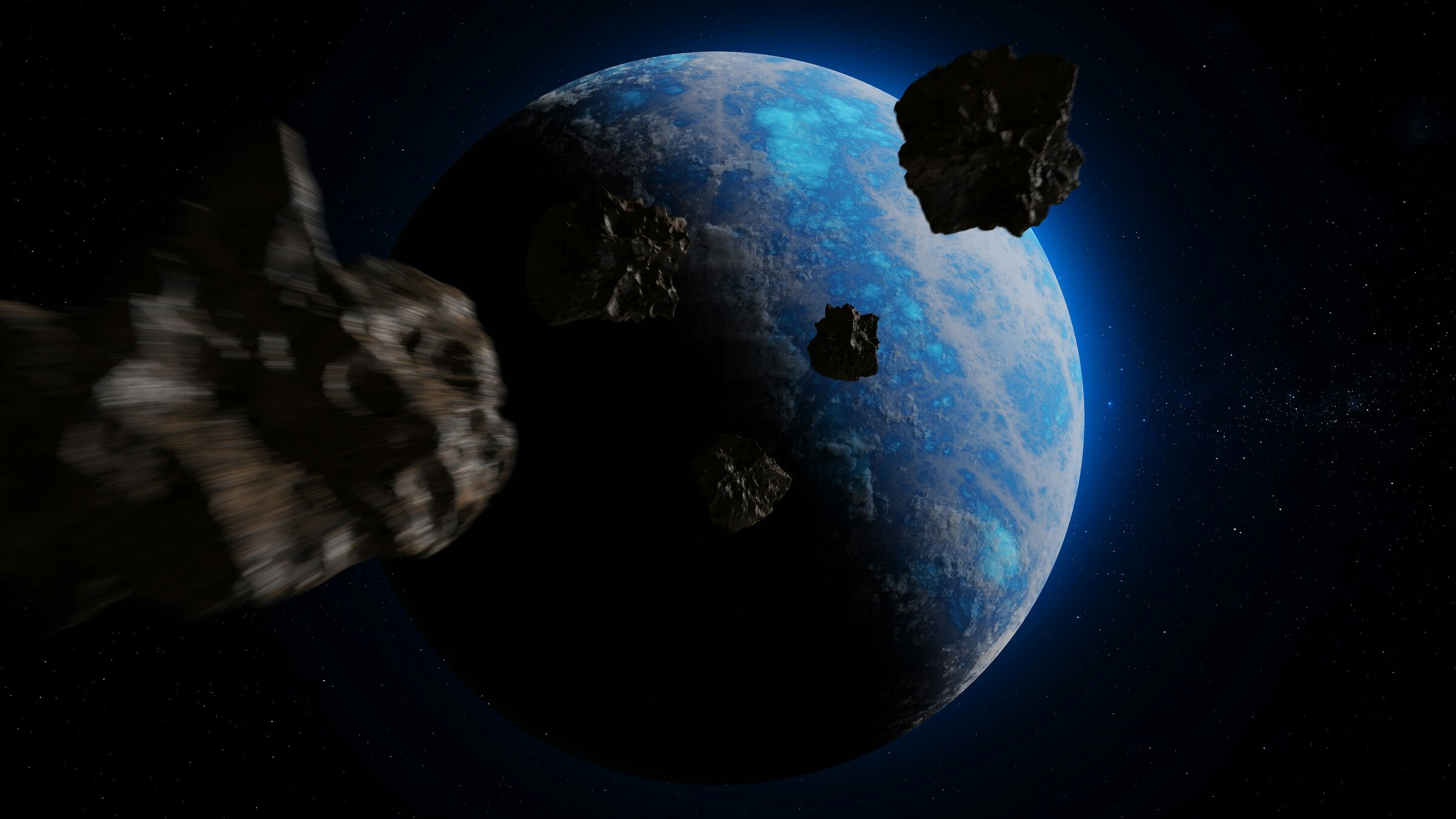 Blauwe ijsplaneet met asteroiden